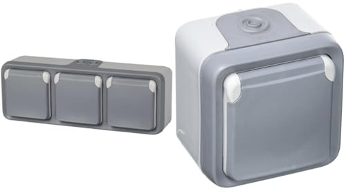 Legrand 191515 Plexo Prise murale triple étanche et résistante à l'eau (IP55) Gris - Version espagnole & 069731 Prise Étanche 2P+T avec Éclips de Protection, Plexo Complet Saillie, 16A, Gris