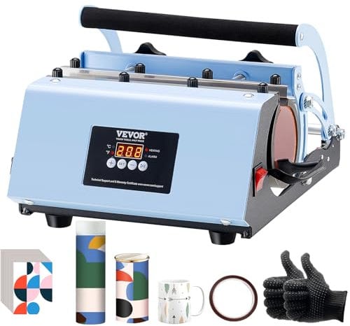 VEVOR Prensa Térmica para Vasos de 325-887 ML Prensa Térmica para Vasos con Papel de Sublimación, Cinta y Guantes, Ajuste de Temperatura y Tiempo para Vasos, Tazas y Jarras de Sublimación, Azul