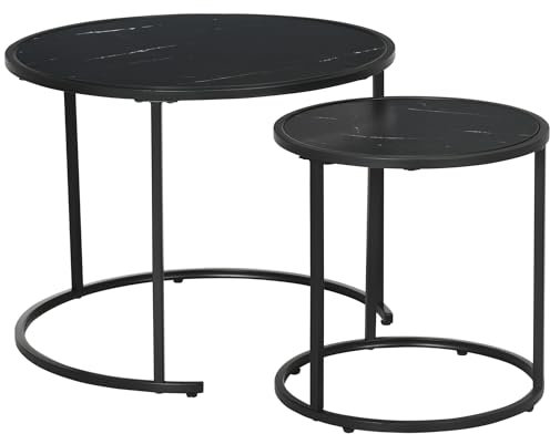 HOMCOM Lot de 2 Tables Basses Rondes gigogne empilables Table d'appoint Aspect marbre Plateau en Bois et Pieds en métal Noir