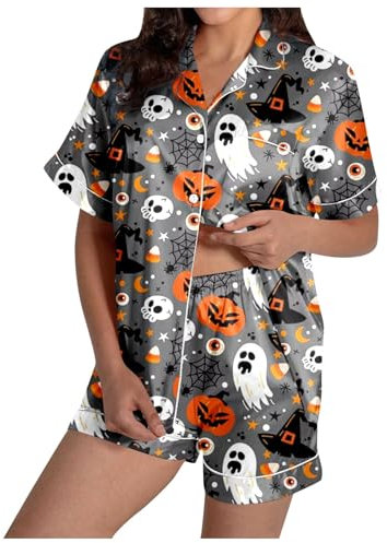 Halloween Kostüm Damen Women's Short Satin Two-Piece Pyjama Set with Button Placket, Short Sleeve Sleepwear, Summer Sleepwear, Leisure Suit, Loungewear