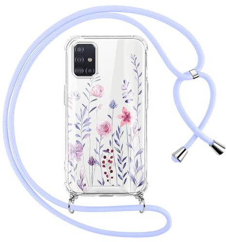 Oelrstfe Handyband für Samsung Galaxy A51 4G/5G Hülle mit Band,Blumen Motiv Transparent Silikon Handyhülle mit Kette Kordel zum Umhängen Stoßfest Kratzfest Anti-Vergilbung Glitzer Schutzhülle,Blau