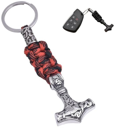 LDZDGD Wikinger Thors Hammer Schlüsselanhänger für Herren, Mjölnir Anhänger mit Paracord, Nordische Mythologie Edelstahl Autoschlüsselanhänger, Geschenkidee für Nordmänner