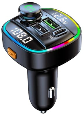 QUMOX Transmisor FM Bluetooth 5.0 para Coche, Adaptador C22 con Carga Rápida PD 20W, Pantalla de Voltaje, Gran Perilla de Control, Reproducción USB/TF, Asistente de Voz, Llamadas Manos Libres