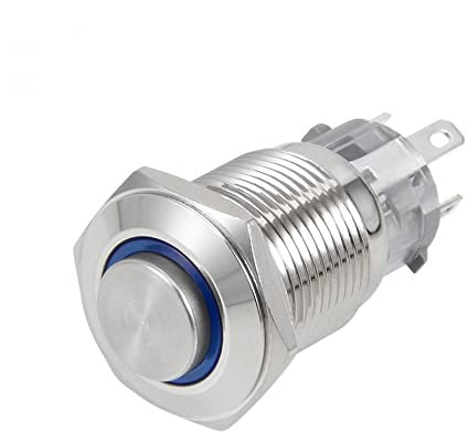 sourcing map Momentary Metal Push Button Switch 16mm Mounting Dia 1NO 1NC 12V Blue LED Light High Flat