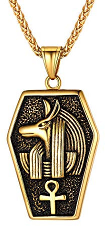 Suplight ägyptischer Gott Kette Ägypter Totengott Anubis & Ankh Anhänger mit 56cm Weizenkette 18k vergoldet Amulett Kette Modeschmuck für Damen Herren Unisex