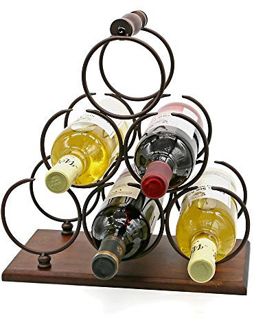 ALLCENER Weinregal für die Arbeitsplatte, für 6 Flaschen, Holzweinhalter, stabiler Griff, 3-stöckiges rustikales klassisches Design, einfache Montage, Holz und Metall (Kupfer)