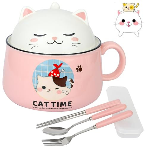 Müslischalen Ramen Schüssel Salatschalen mit Deckel und Henkel - 850mL Keramik Schüssel Instant Nudelschale Suppenschale -Panda Pastaschüsseln Dessertschalen Nudeln Suppe Lunchbox für Kinder