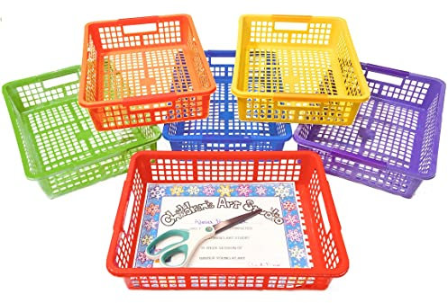 Podzly Colored Storage Bins - Set of 6 Stackable Rainbow Rectangle Baskets for Teacher or Student Paper Trays, Classroom Library, Toy Cubby, Desk and Office Table Organization (13 x 9.75 x 3 Inches)