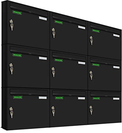 AL Briefkastensysteme Basic 9er Briefkasten RAL 9005 Tief Schwarz 9 Fach DIN A4 wetterfest Briefkastenanlage mit Posthaltebügel und 2 Namensschildern