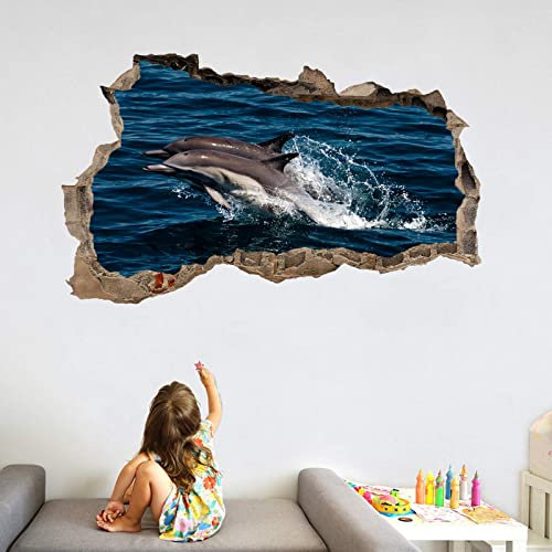 Kuletkear Tiere 3D Wandtattoo Wandaufkleber Delfin Springt Aus Dem Wasser H 70 x B 116 cm Wandsticker Wanddeko Wandbilder für Wohnzimmer Schlafzimmer Badezimmer Flur Küche Möbel Aufkleber