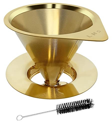 LHS Gold Pour Over Coffee Maker Cone Coffee Dripper 1-2 Cup, Stainless Steel, 1 Count