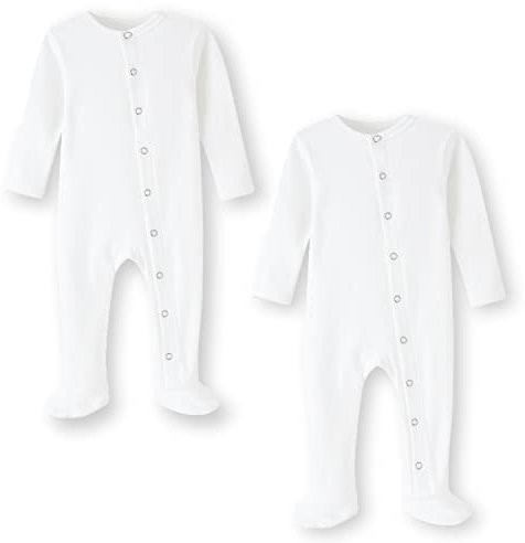 BINIDUCKLING 2er Pack Druckknopf Schlafanzug Mit Fuß, Fäustlings Bündchen - Langarm Strampler Pyjamas für Jungen Mädchen, 6-9 Monate, Weiß, Baumwolle