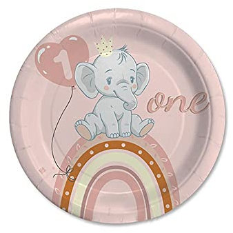 Nataluna Piatti 18 cm One Birthday Elefantino Rosa conf da 8 Pezzi