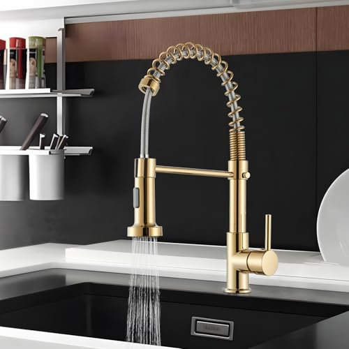 Wasserhahn Küche Gold Spültischarmatur mit zwei Wassersprühmodi Armatur Küche 360° Schwenkbar Hochdruck Küchenarmatur Edelstahl