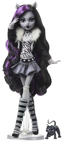 Monster High-Puppe Clawdeen Wolf in Schwarzweiß, Reel-Drama-Sammlerpuppe, Poster in Puppengröße und Lebensgröße, Horrorfilm-Design, Spielzeug und Geschenke, HKN28