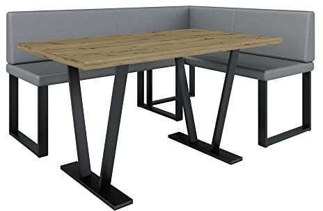 Eckbank Akiko Metal mit Tisch - Eckbankgruppe für Ihrem Esszimmer, Küche modern, Sitzecke, Essecke. Perfekt für Küche, Büro und Rezeption. Solide und Starke Verarbeitung. (Soft 29, 196x142 rechts)