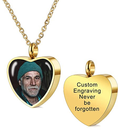 INBLUE Personalized Cremation Heart Necklace for Ashes Gold Stainless Steel Photo Urn Pendant Pet Loss Gifts for Women