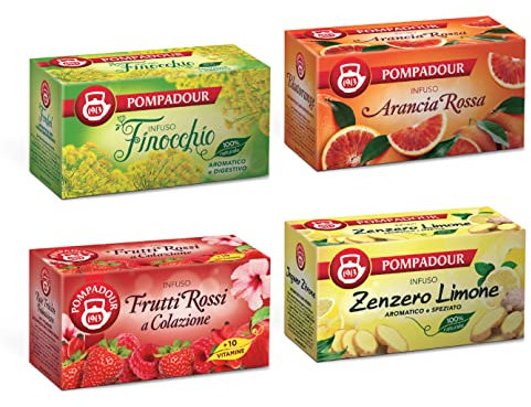 Pompadour - Mix di 4 Infusi: Finocchio, Arancia Rossa, Zenzero e Limone, Frutti Rossi e Vitamine - Senza Glutine, Allergeni, Vegan