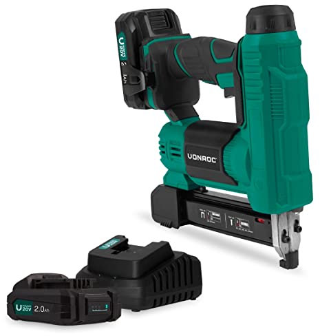 VONROC Agrafeuse Cloueuse Sans Fil 20V - 2 Batteries, 1000 Pièces d'Agrafes 20mm et 25mm, Chargeur Inclus - Taux Percussion 30 Clous/Agrafes par Minute - LED intégrée, Percussion Réglable