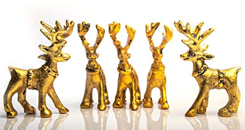 Wonder Care Weihnachts-Rentier-Figur, Heimdekorationen für Wohnzimmer, stehender Weihnachtshirsch, Tischstatue, Miniatur-Rentier-Figuren, Gold- und Silber-Rentier-Kollektion (Golden5 Stück)