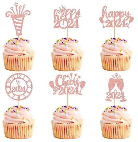 Ercadio 24 Pack 2023 Happy New Year Cupcake Toppers Rose Gold Glitter Happy 2023 Cheer 2023 Hello 2023 Cupcake Picks Fireworks Champagne Cupcake Toppers for New Year Party Decor Supplies
