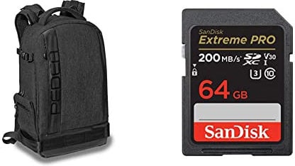 PEDEA DSLR-Kamerarucksack Fashion Fotorucksack & SanDisk Extreme PRO SDXC UHS-I Speicherkarte 64 GB (V30, Übertragungsgeschwindigkeit 200 MB/s, U3, 4K UHD Videos, SanDisk QuickFlow-Technologie)