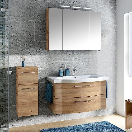 Lomadox Badmöbel Set, 3-teilig, 97 cm Waschbecken, LED Beleuchtung, Riviera Eiche quer Nb., B/H/T ca. 143/200/51,5 cm
