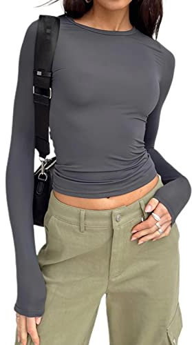 Women's Basic Long Sleeve Slim Fit Crop T Shirt Top Y2K Tops TikTok Crop Top Club Party E-Girls Streetwear(Gray-a, M)