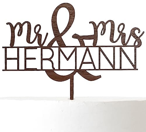 Suzu Papers Cake Topper Hochzeit personalisiert Mr & Mrs aus Holz - Tortenstecker mit Name - Tortentopper Hochzeitstorte Deko (Walnuss)