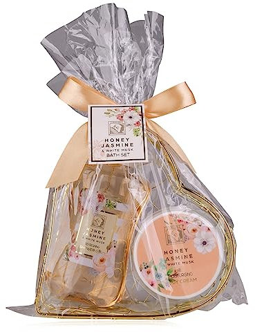 Accentra – Duschset Frauen Geschenkset HONEY JASMINE in wunderschönem Drahtkorb – 2-teiliges Pflegeset mit Duschgel und Körpercreme – Wellness Geschenk Set zum Geburtstag, Valentinstag & Weihnachten