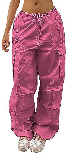 Xineicy Pantaloni da paracadute da donna con coulisse, pantaloni cargo larghi Y2K pantaloni da jogging a vita bassa pantaloni della tuta larghi hip hop, Un fucsia, XS