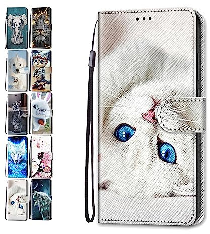Phone Case for iPhone 15 Pro Max 6.7 Leather Wallet Flip Cover with Pattern Design Card Holder Slot Silicone Protective for Girls Boys - White Cat