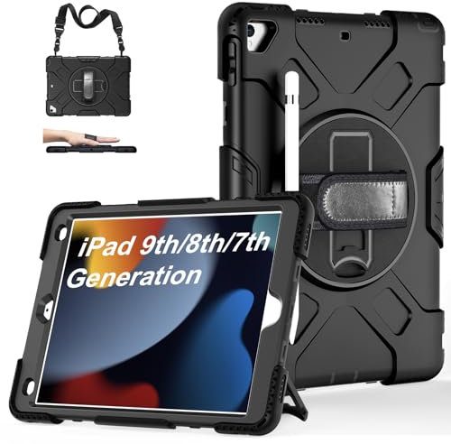 GRALIFCARE Hülle für iPad 9./8./7. Generation:Stoßfeste Hülle für iPad 10.2 Zoll mit Stifthalter-Drehbarer Ständer/Handschlaufe-Schultergurt für iPad 10.2 2021/2020/2019, Dunkelschwarz