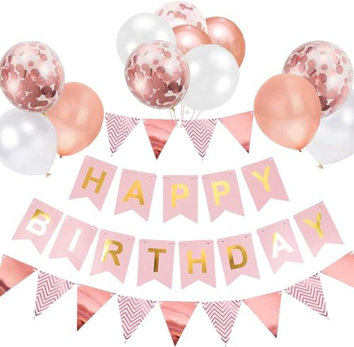 Luftballons Geburtstag Dekoration Set, Roségold Geburtstagsdeko Happy Birthday deko Banner Party Deko Geburtstag Set mit Roségold Luftballons Konfetti Ballons Dreiecksflaggen Girlanden(RG+SJQ)