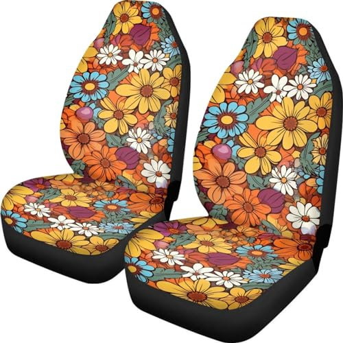 INSTANTARTS Autositzbezüge, bunt, abstrakte Hippie-Blume, hohe Rückenlehne, dehnbar, 2 Stück/Set, Vordersitzbezüge für Damen und Mädchen