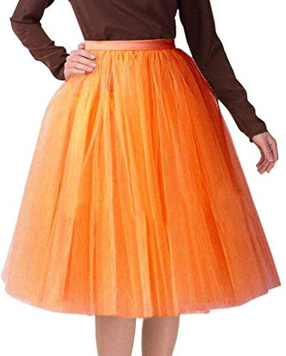 Tüllrock Damen Lang 50Er Tutu Petticoat Hoch Taillie Stufendecke A Linien Karneval Partykleid Unterrock Mesh Ballett Tanzrock Faltenrock Orange