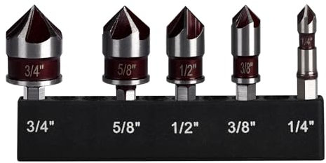 5 Pcs Countersink Drill Bits Set, M35 High Speed Steel Counter Sinker Drill Bits 5 Flute 82 Degree Center Punch Tool Hex Shank 1/4'' 3/8'' 1/2'' 5/8'' 3/4'' Set for Metal, Stainless steel,Wood