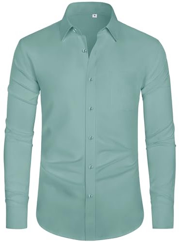 J.VER Camisa de manga larga para hombre, sin arrugas, elástica, corte regular, para el tiempo libre, fácil de planchar, color liso, Verde Agua, L