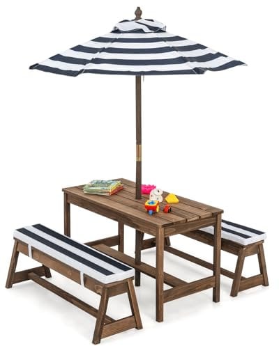 SOARS Kindersitzgruppe, Kinder Picknicktisch mit 2 Bänke & abnehmbarem Sitzkissen, Kindersitzgarnitur mit Sonnenschirm, Sitzgruppe aus Holz, Kinder Gartenmöbel für Outdoor & Indoor (Dunkelblau)