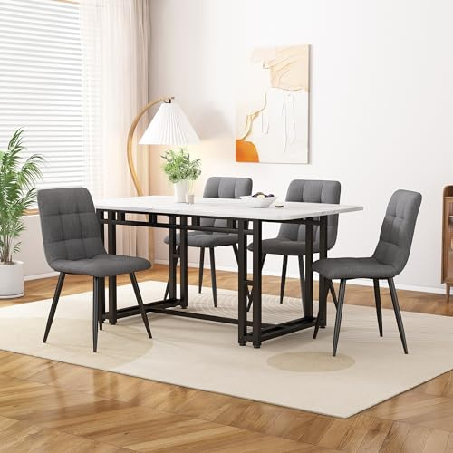 Ensemble de table à manger Merax avec 4 chaises Noires et 4 chaises en Lin Gris foncé - Table de cuisine moderne 120x70x74cm - Chaise de salle à manger en velours - Pieds en fer noir