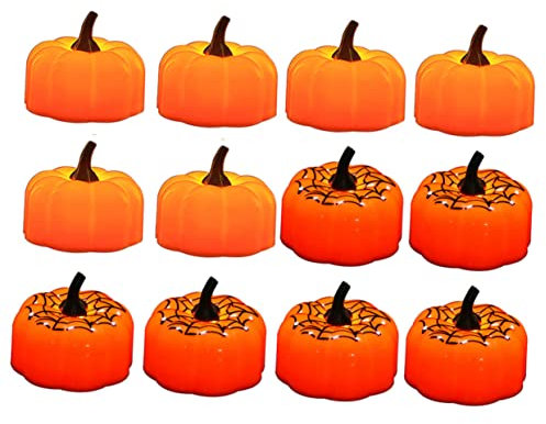 HOMSFOU 12St Kürbis-Kerzenlicht Partydekoration Halloween-Kürbislichter orangefarbene Verzierungen LED-Kürbis-Teelichter led ligts led-light Licht für Halloween Kürbislaterne Plastik