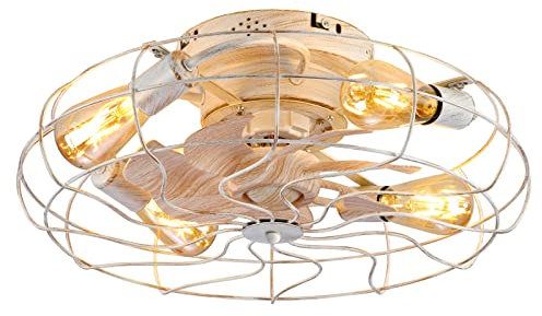 Ventilador de Techo pequeño Retro con Control Remoto de luz,Bombilla E27,Ventiladores de Techo con Luces de Montaje Empotrado,Ventilador de Techo de Perfil bajo con luz,Ventilador de Techo enjaulado