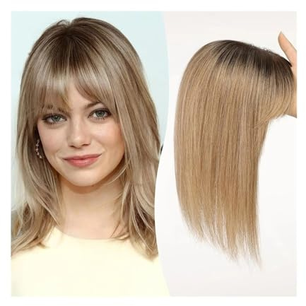 Haartopper für Frauen 12-Zoll-Topper aus Echthaar mit Pony, 10 × 12 cm, Topper mit Spitzenbasis, Haarteile, gerader Clip-in-Topper aus Echthaar for Frauen mit dünner werdendem Haar/Haarausfall Haartei