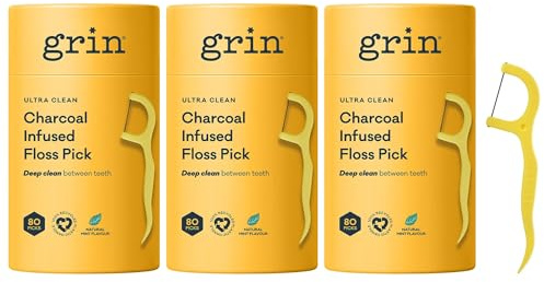 Grin Adults Tooth Floss Picks, 80pk Canister with Mint Flavor - 3Packs | Charcoal-Infused Dental Floss Sticks for Tight Teeth, Keeps Breath Fresh & Teeth Clean, Easy-Grip Handle for Daily Oral Care