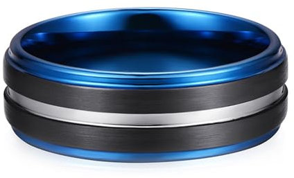 Tolldek Ring Verlobung Mann Wolfram 8MM, Herrenring Pärchenring Matte Gebürstet Rille Eheringe, Blau Schwarz Hochzeitsring Verlobungsring, Gr.70 (22.3)