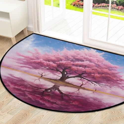 Halbrunde Bodenmatte, Kirschbaum, rutschfest, Wohnzimmerteppich, Indoor-Teppich für Schlafzimmer, Garderobe, 160 x 100 cm