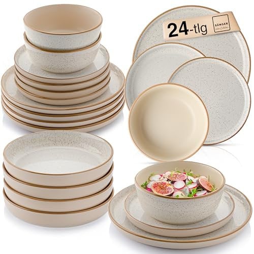 SÄNGER Rio Creme | Tafelservice 24 teilig, Steingut Geschirr Set 6 Personen, 6x Teller 6x Frühstücksteller 6x Tiefe Teller 6x Pastaschalen Geschirrset und Schale, creme | VALUE COLLECTION