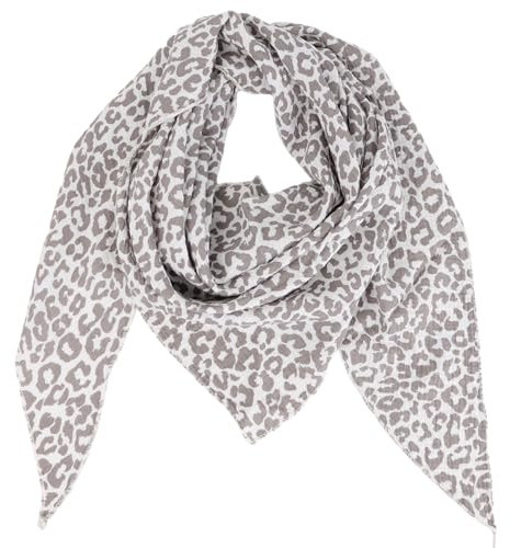MIRROSI Damen Musselin Halstuch Made in Italy mit Leoprint oder Unifarben – Leichtes Dreieckstuch für Frühling & Sommer, Baumwolle, 200x80 cm (Leo Grau Weiß)