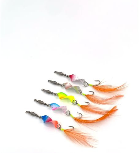 Machilea Twist Spoons Trout UV-Active 4.8 g, Trout Bait with Rolling Swivels, Twister Fishing Accessories, Trout, Blinker, Trout Bait, Fishing Lure, Trout Spoon Set, 5 Pieces (Orange Feather, 4.8 g)