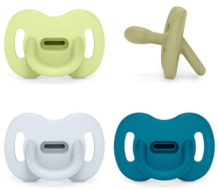 Suavinex, Lot 4 Sucettes Tout Silicone pour Nouveau-nés et Bébés 0/6 Mois, avec Tétine Symétrique SX Pro, Réversible, Super Douce et Souple, Idéal pour Dormir. Bleu, Vert